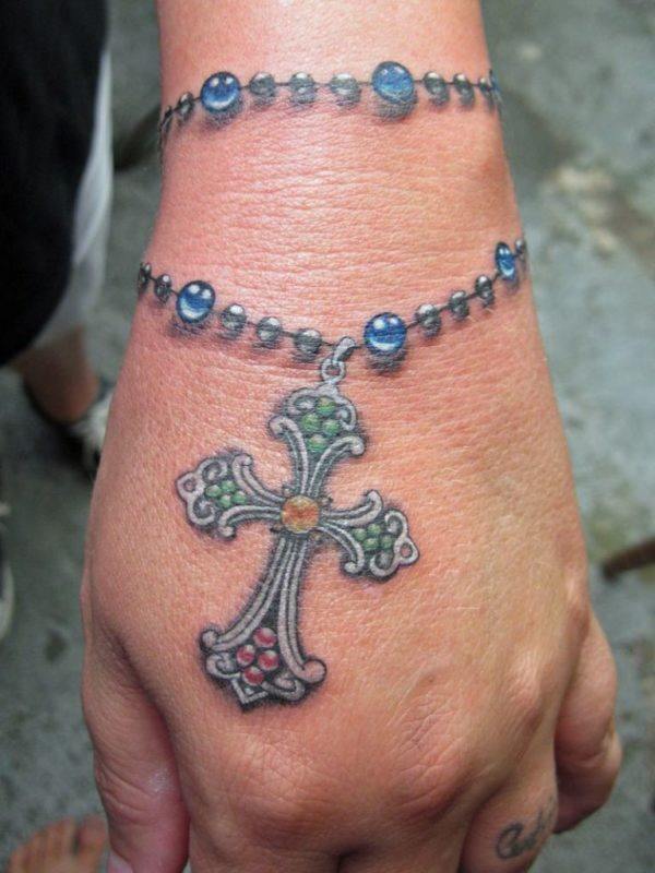 Brightly Colored In Rosary Bracelet Tattoo Idea