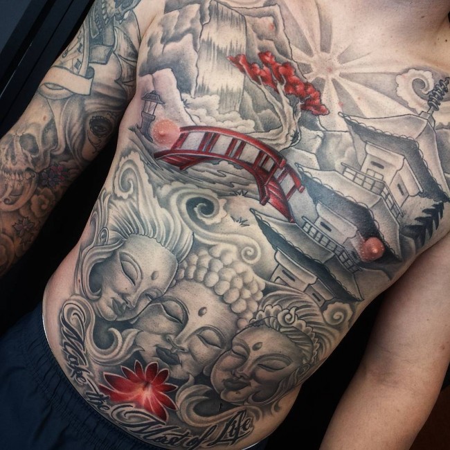 Buddhist Scenery Tattoo with Random Bursts of Red Ink
