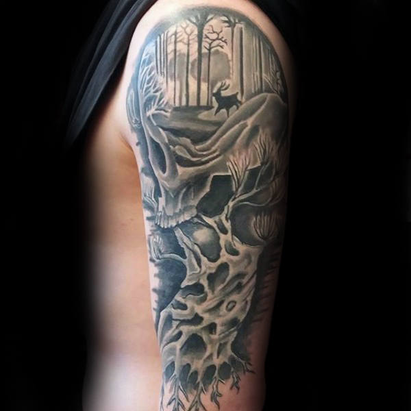Bunny and Skull Warped Tree Tattoo for Men