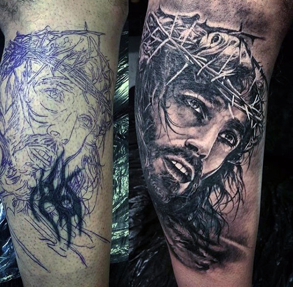 Calf Tattoo of a Scene from the Passover of Jesus Christ