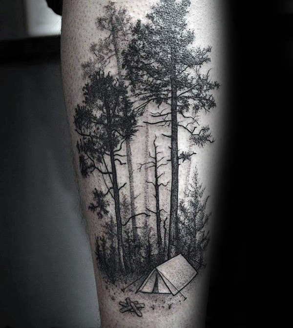 Campfire and Tent Forearm Forest Tattoo
