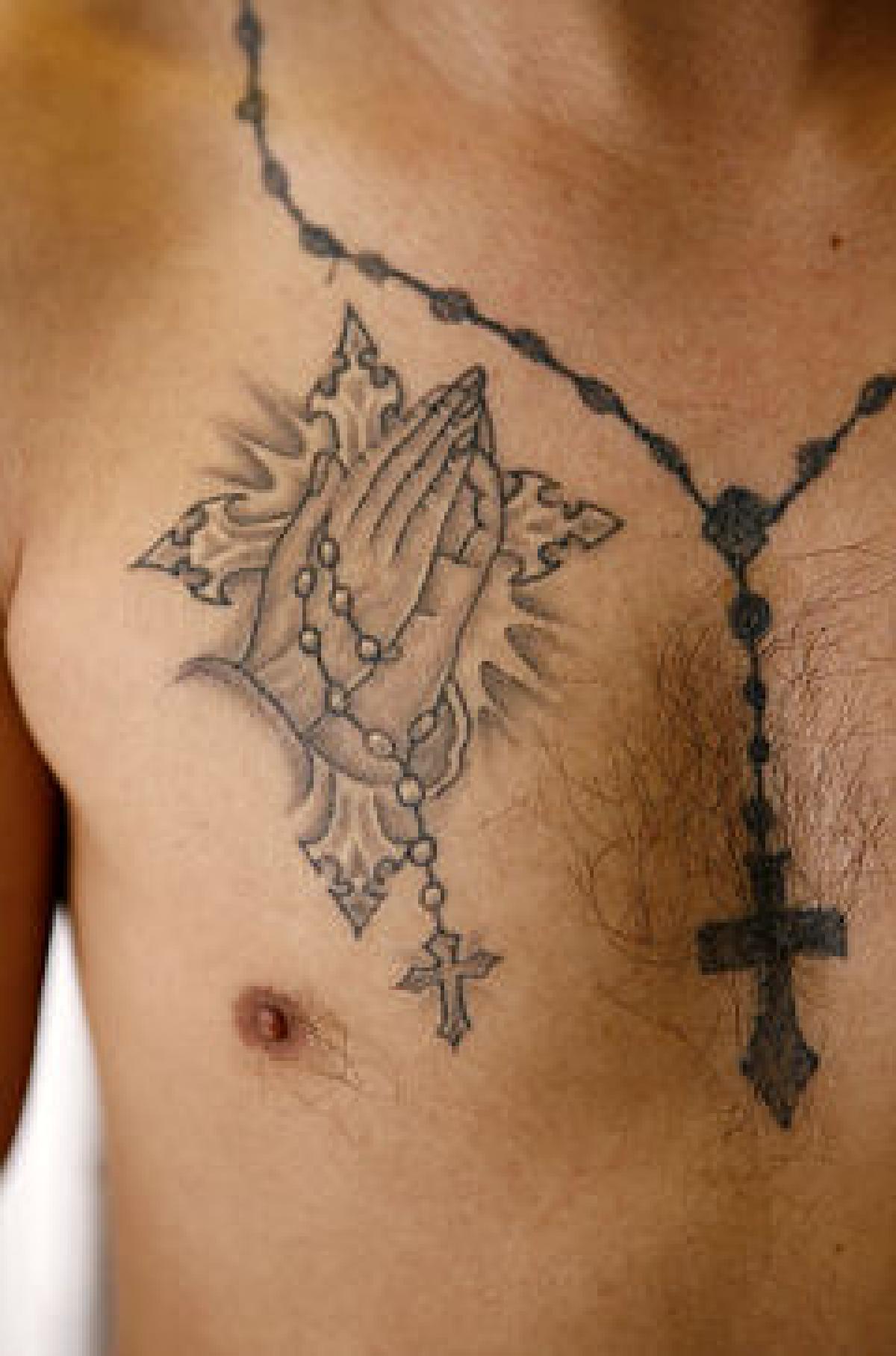 Chest Rosary Tattoo with Folded Hands