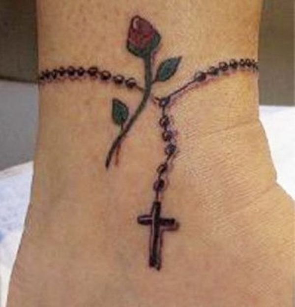Colorful Rose and Rosary Ankle Tattoo