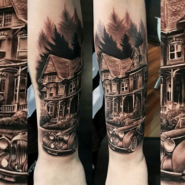 Creaky Cabin Forest Tattoo on Your Forearm