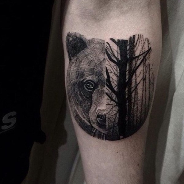 Creative Forearm Forest Tattoo of Half Tree and Half Bear