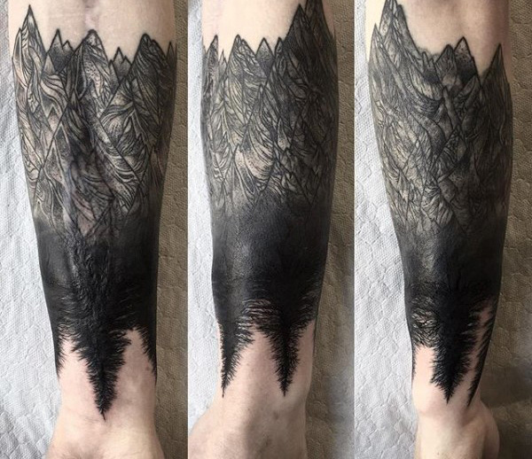 Dark Blackened Ink Tree Forearm Tattoo