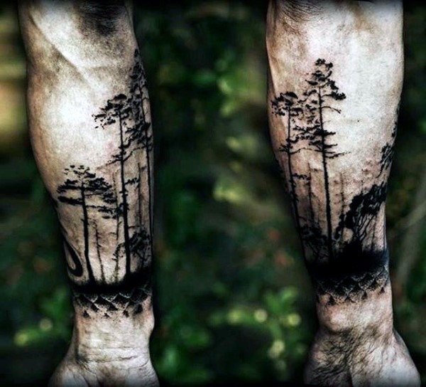 Dense and Dark Forearm Forest Tattoo
