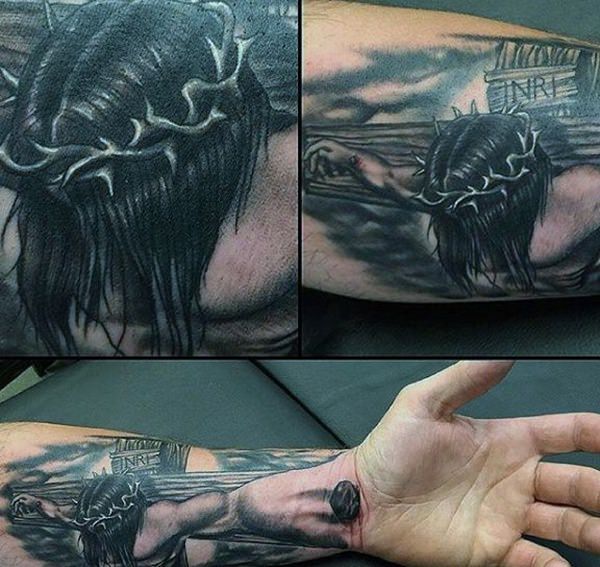 Detailed Black and White Forearm Tattoo of Jesus