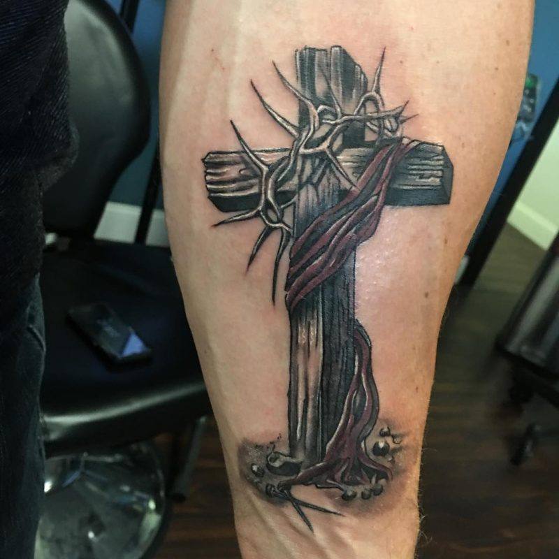 Detailed Cross and Robe Religious Tattoo Design