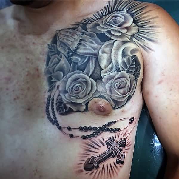Detailed Roses and Rosary Chest Piece Idea for Men