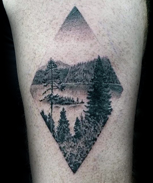 Diamond Shaped Forest and Lake Tattoo Design