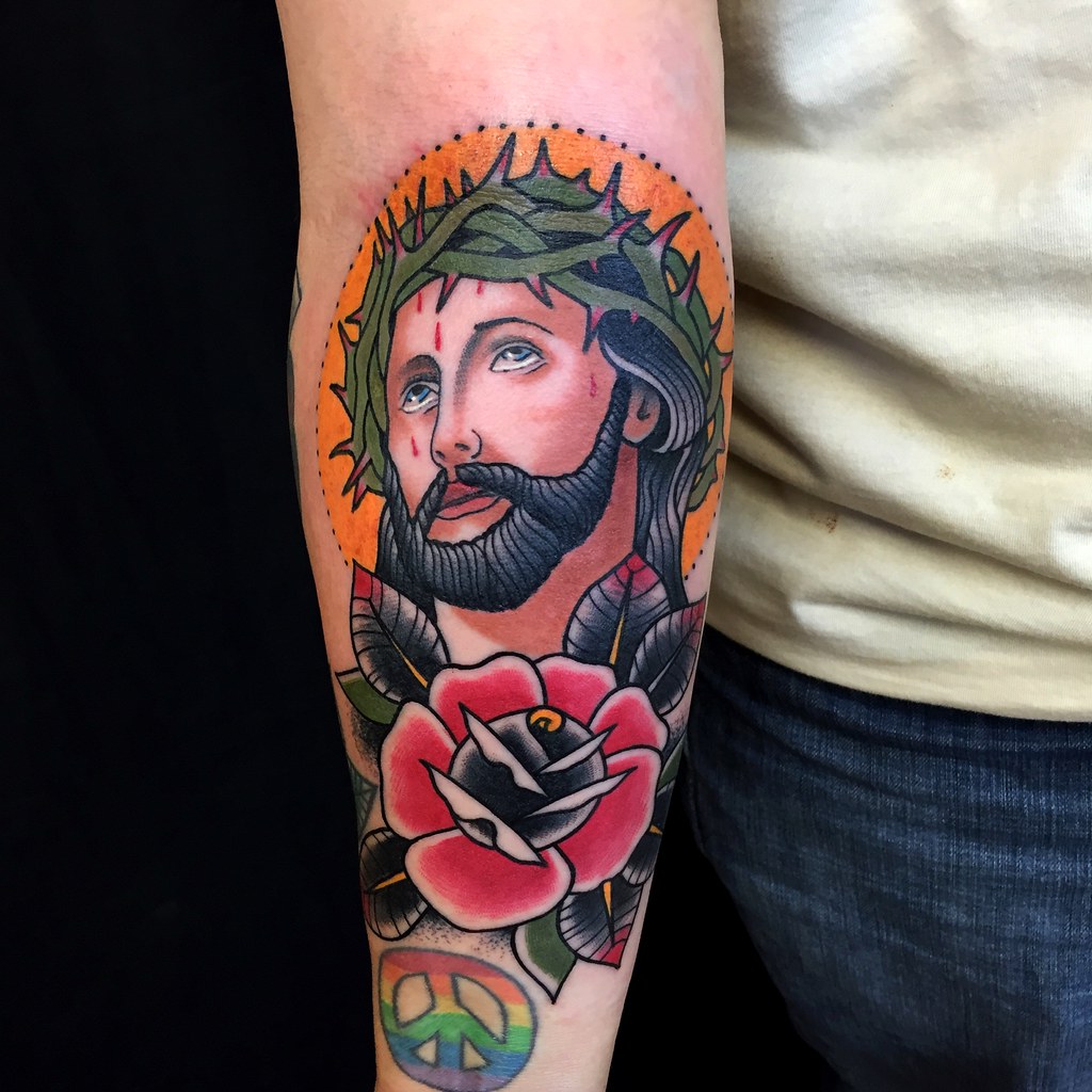 Eye Catching Traditional Colorful Jesus Forearm Tattoo