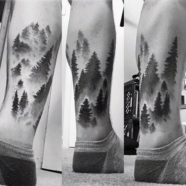 Faded Trees Lower Leg Tattoo Design for Men