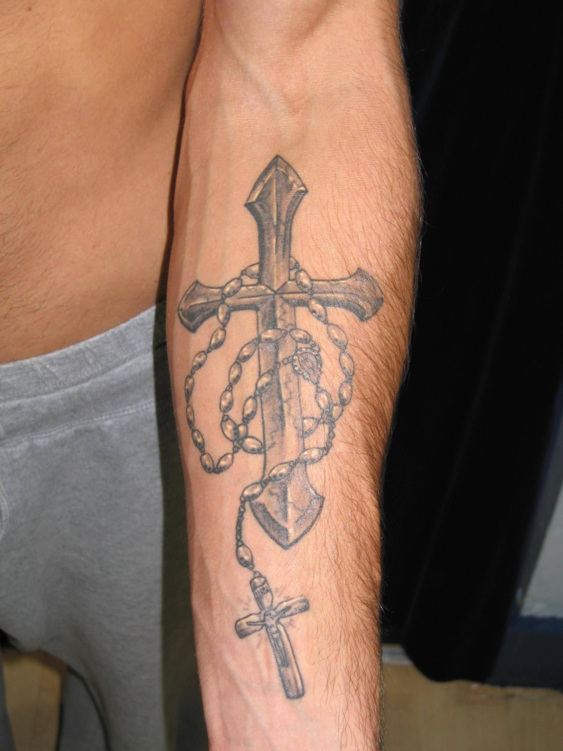 Forearm Religious Rosary and Cross Tattoo