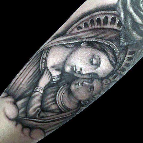 Forearm Tattoo of Jesus and Mary in an Embrace