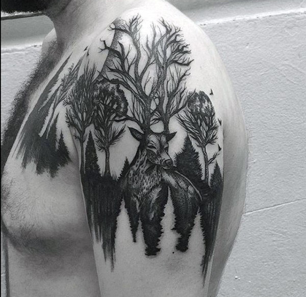 Forest Deer Tree Tattoo Design for Your Upper Shoulder