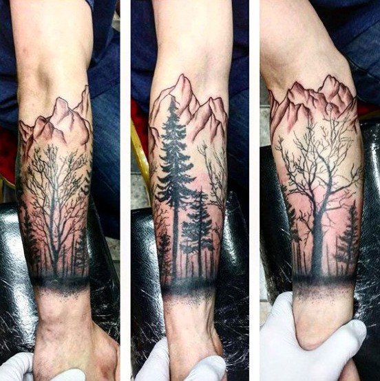Forest Trees with Mountain Landscape Forearm Tattoo