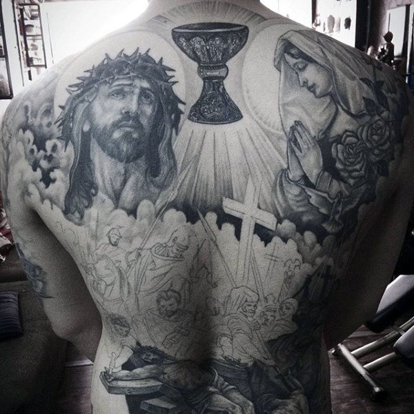 Full Back Tattoo of Biblical Scenes