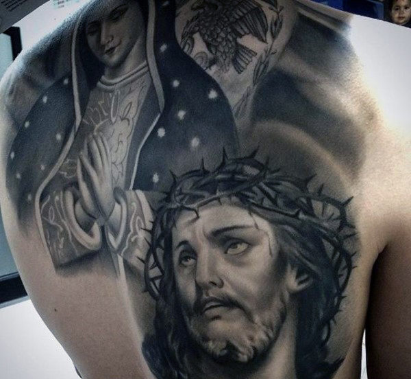 Full Back Tattoo of Jesus in his Crown of Thorns
