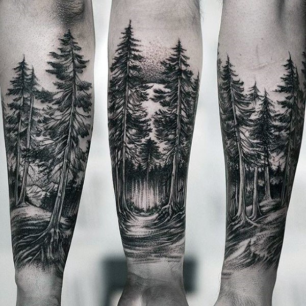 Full Forearm Forest Trees and Grass Tattoo for Men