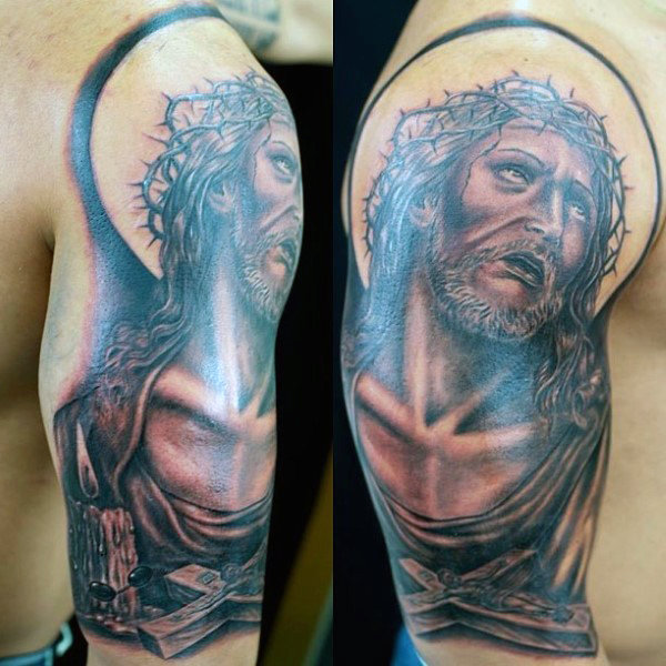 Full Shoulder Tattoo of Jesus and Rosary