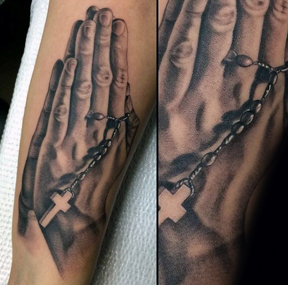 Full Size Prayer Hands with Negative Space Rosary Tattoo