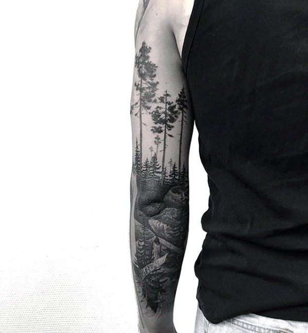 Full Sleeve Back of Elbow Forest Path Tattoo