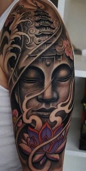 Full Sleeve Buddha Tattoo with Red and Purple Lotus Flower