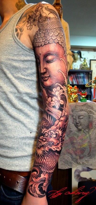 Full Sleeve Buddha and Lotus Flower Tattoo Idea for Men