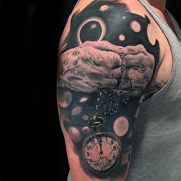 Geometric Clock and Rosary Upper Arm Tattoo