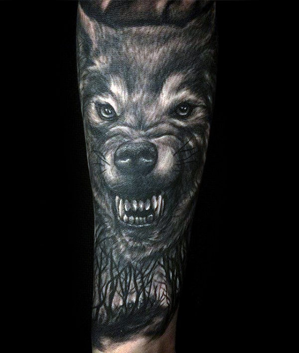 Growling Wolf Up Close Forearm Tattoo Design