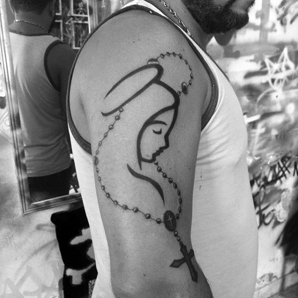 Minimalistic Outlined Tattoo of a Nun and Rosary