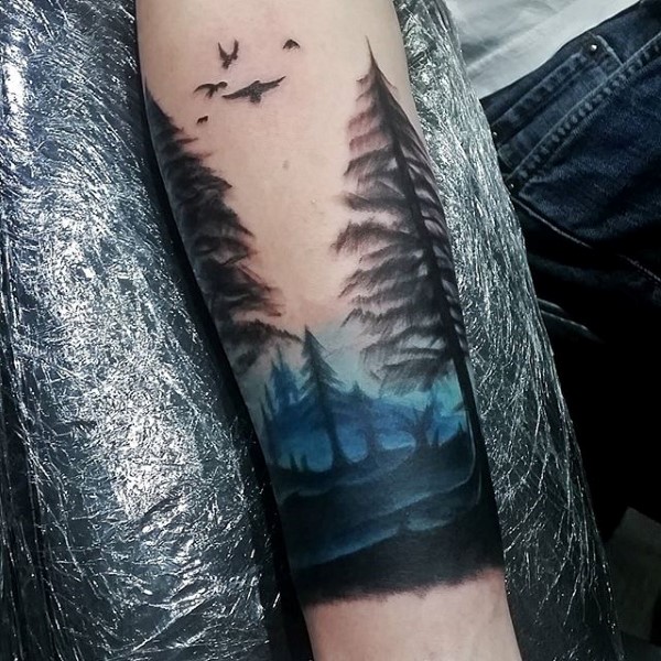 Navy Blue Ink Watercolor Forest Tattoo Design