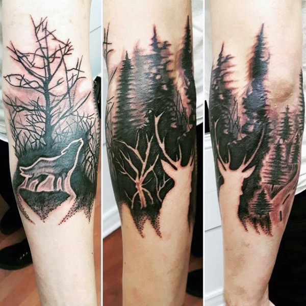 Negative Space Wolf and Deer Forest Tattoo