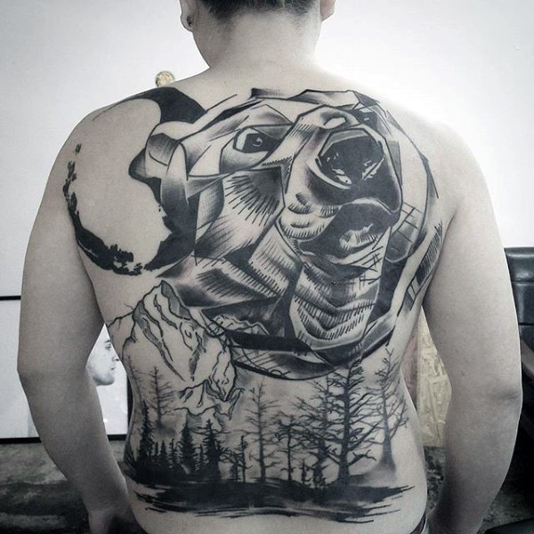 Neo Traditional Back Piece Tattoo of a Bear Moon and Trees