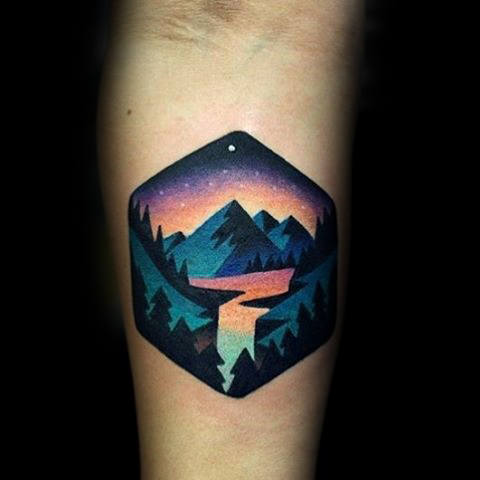 Neon Colored Forest Mountain Small Tattoo