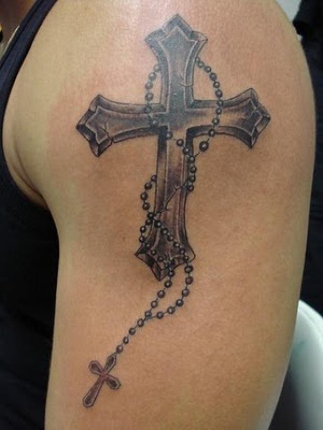 Outer Arm Detailed Cross and Rosary Tattoo