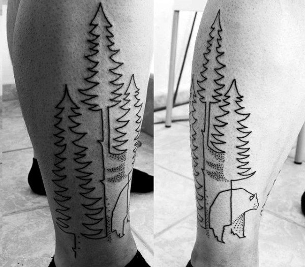 Outlined Bear and Tree Forest Tattoo Design