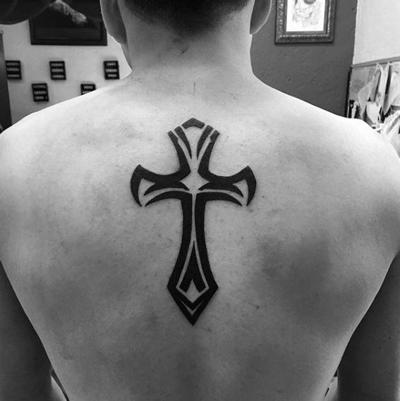 Outlined Stylistic Religious Cross Back Tattoo