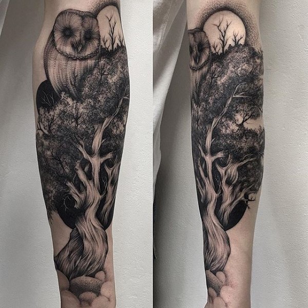 Owl and Moon Nighttime Forest Tattoo Idea