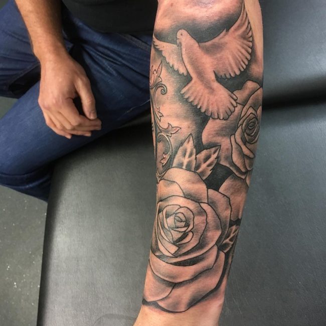 Religious Imagery Tattoo Design with Doves and Roses