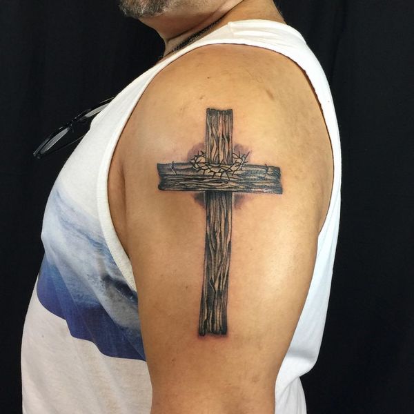 Religious Outer Arm Wooden Cross Tattoo