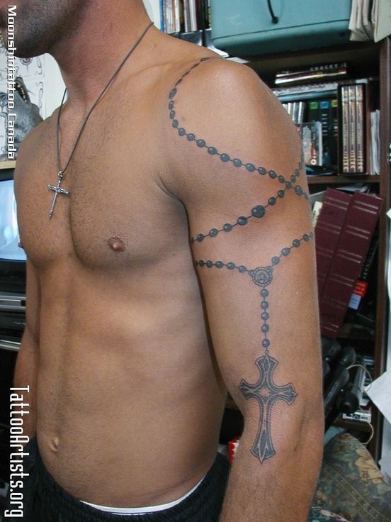 Rosary Arm Tattoo that Spans from Your Shoulder to Your Elbow