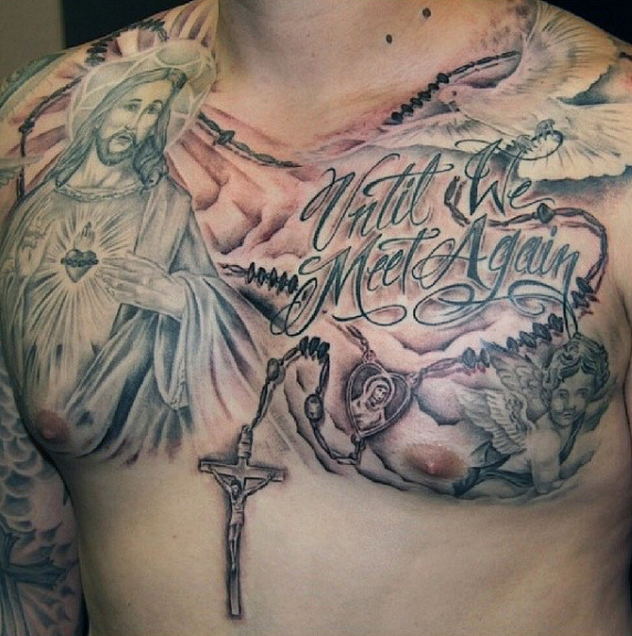 Rosary Chest Tattoo Dedicated to Dead Loved One