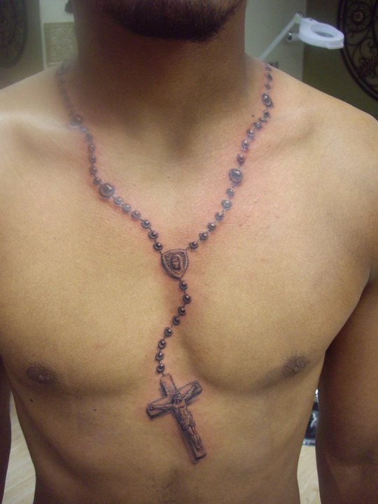 Rosary Chest Tattoo with Jesus Nailed to the Crucifix