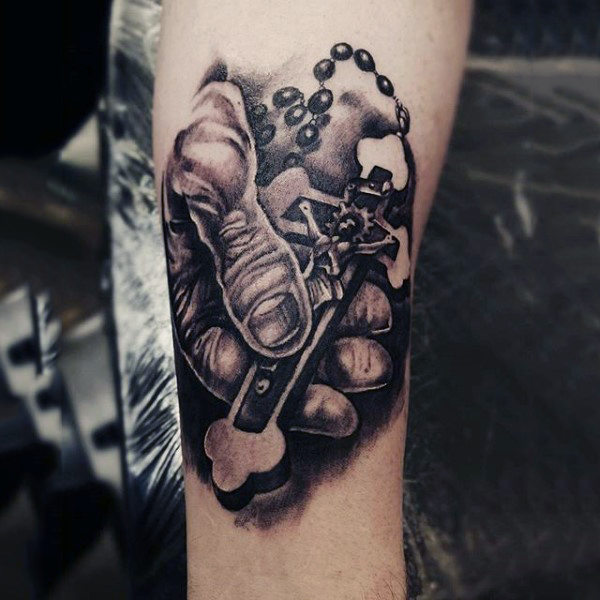 Rosary Hand Forearm Tattoo that Looks Like a Drawing