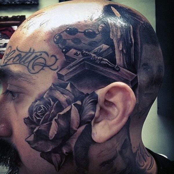 Rosary Skull Tattoo Idea for Bald Men