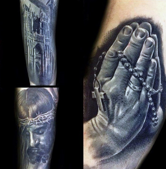 Rosary Tattoo Paired with the Image of Jesus Wearing Thorns