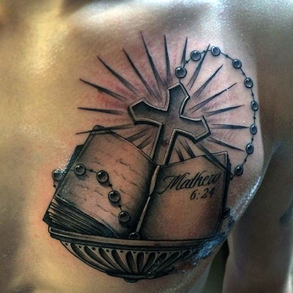 Rosary and Bible Tattoo Idea for Men's Chest