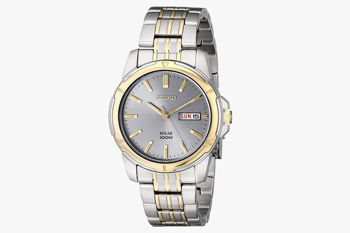 Seiko SNE098 Stainless Steel Two-Tone Charcoal-Dial Solar Watch